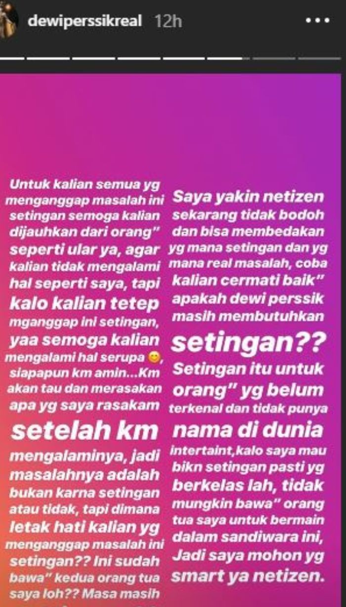 Dewi Perssik menanggapi tudingan settingan perselisihan antara dirinya dengan keponakannya.