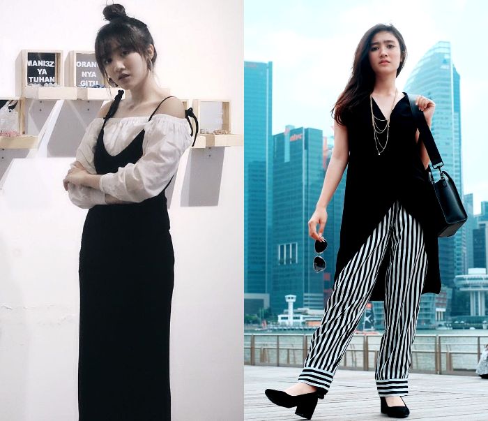 Febby Rastanty tampil mengunakan slip dress dnegan dua look yang berbeda