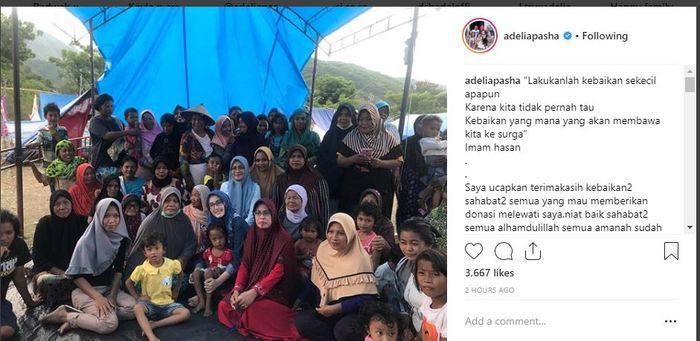 Ungkapan terima kasih Adelia Pasha kepada penyumbang bencana Palu dan Donggala