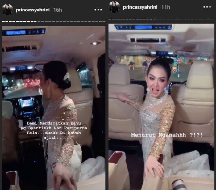 Demi menjaga kondisi gaun, Syahrini rela berlutut di dalam mobil