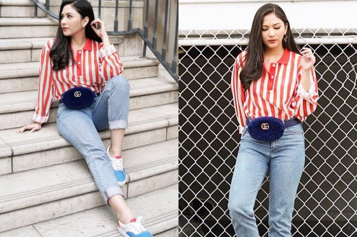 Jessica Mila tampak mengenakan waist bag dengan paduan gaya casual yang modis