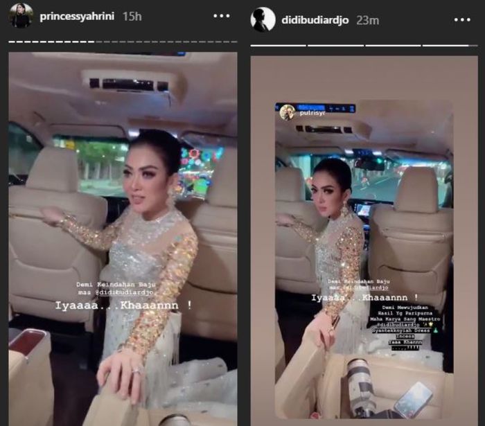 Demi menjaga kondisi gaun, Syahrini rela berlutut di dalam mobil
