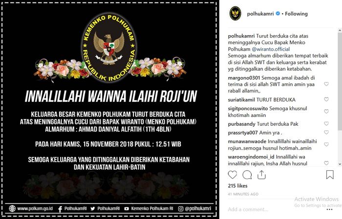 Pengumuman meninggalnya cucu Wiranto