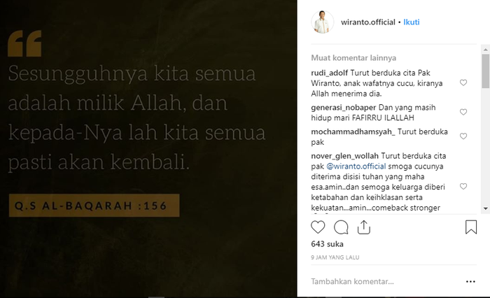 Unggahan terakhir Wiranto saat cucunya meninggal