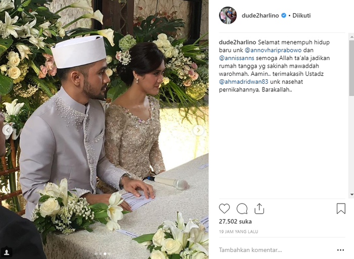 unggahan Dude Harlino untuk sang adik ipar