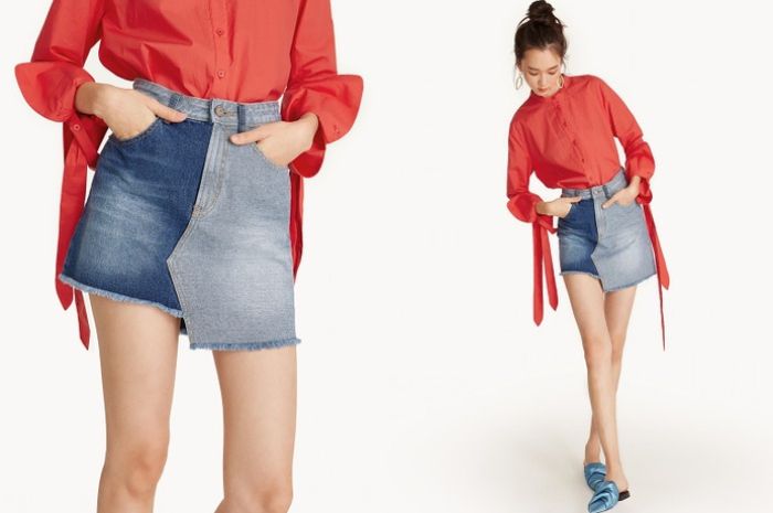 Pomelo -Mini Asymmetric Two-Toned Denim Skirt