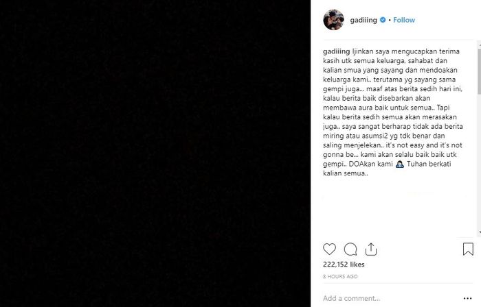 Unggahan Gading Marten pasca digugat cerai oleh Giselle Anastasia