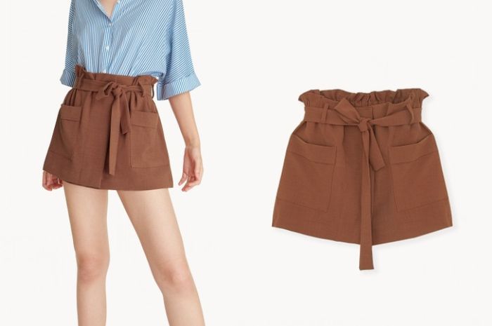 Pomelo - Mini Front Pockets Paper Bag Skort - Brown