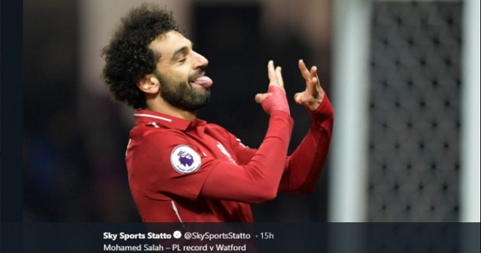 Mohamed Salah merayakan gol saat Liverpool menang 3-0 atas Watford pada laga pekan ke-13 Liga Inggri