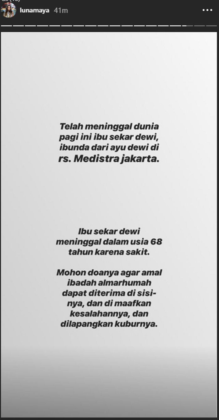 Ibunda Ayu Dewi Meninggal Dunia, Luna Maya: Meninggal Pagi Ini Karena Sakit