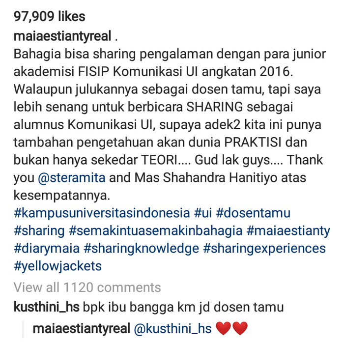 Maia Estianty jadi dosen tamu di UI dapat komentar dari Kusthini Harjono Sigit (Instagram.com/maiaestiantyreal)