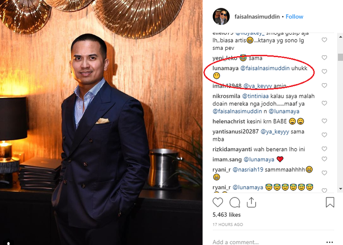 Komentar Luna Maya di Instagram Faisal Nasimuddin.