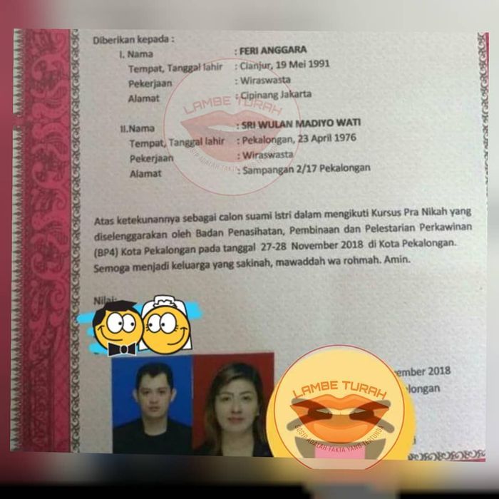 akta nikah fery anggara mantan suami ely sugigi