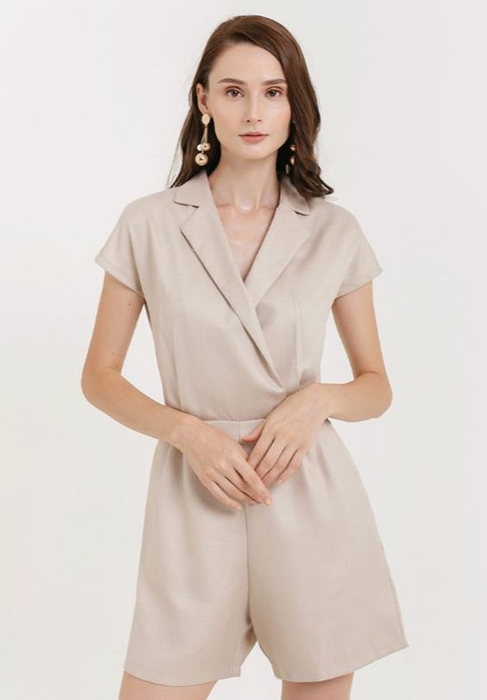 Cloth Inc Overlap Playsuit with Collar in Light Beige