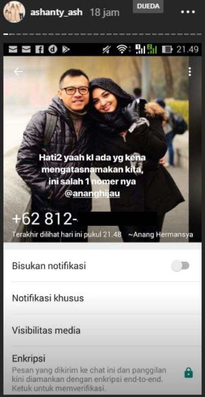 Unggahan Ashanty agar berhati-hati pada oknum yang mencatut nama sang suami, Anang Hermansyah.