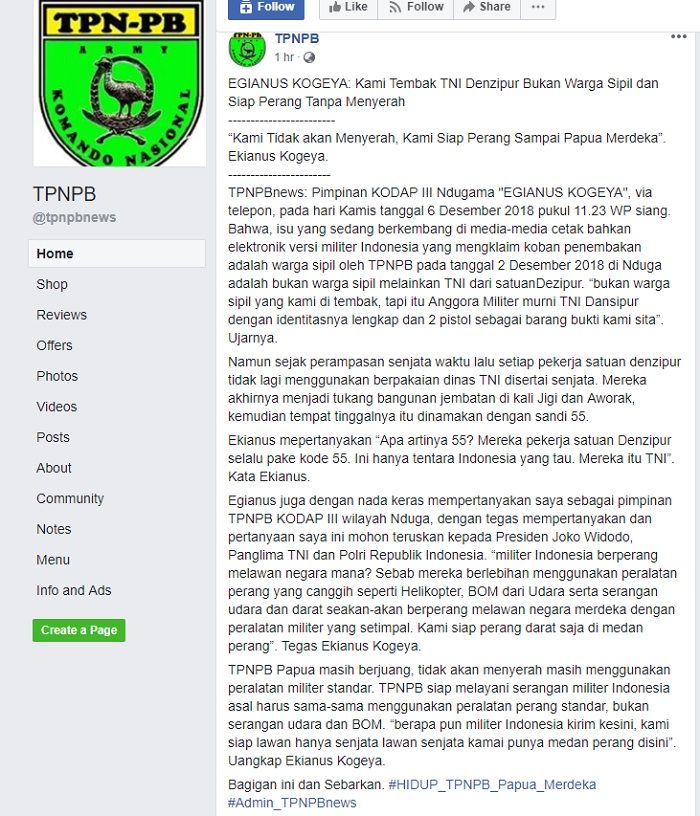 Postingan di akun facebook TPNPB