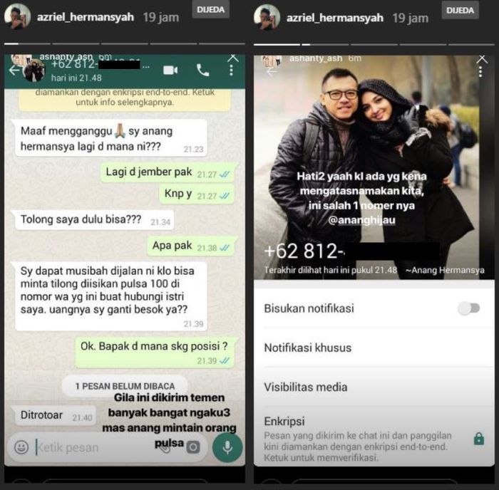 WA penipu yang mencatut nama Anang Hermansyah