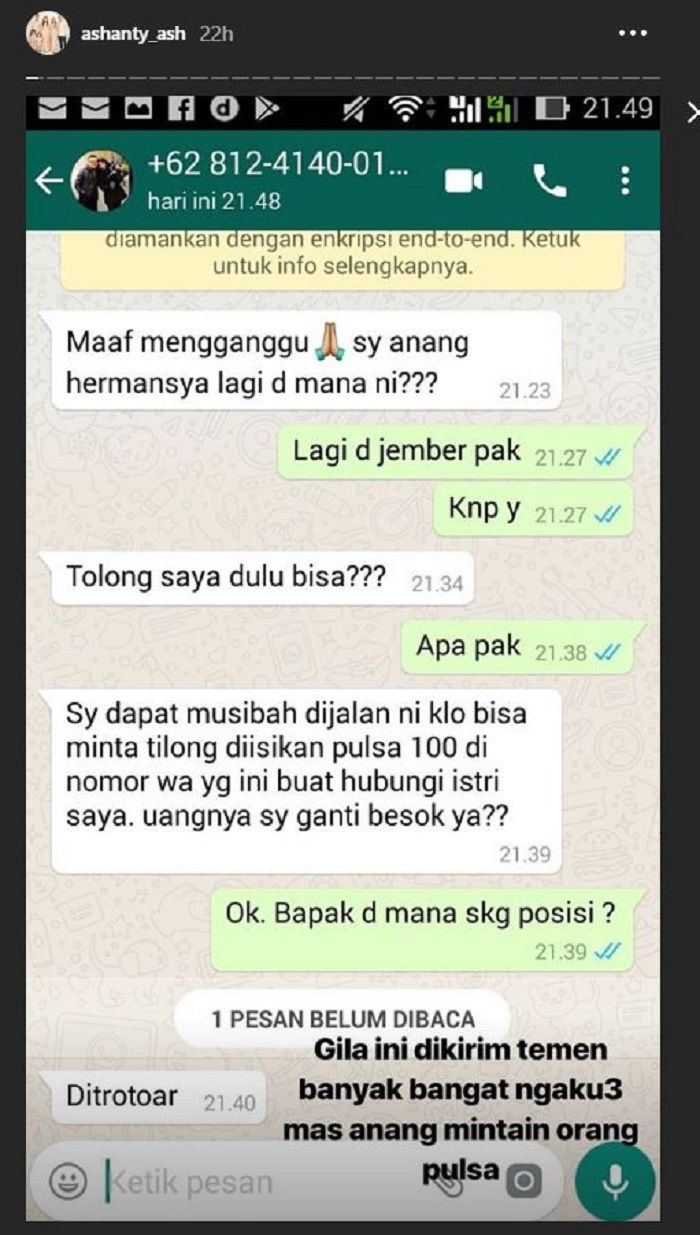 unggahan Ashanty soal penipu