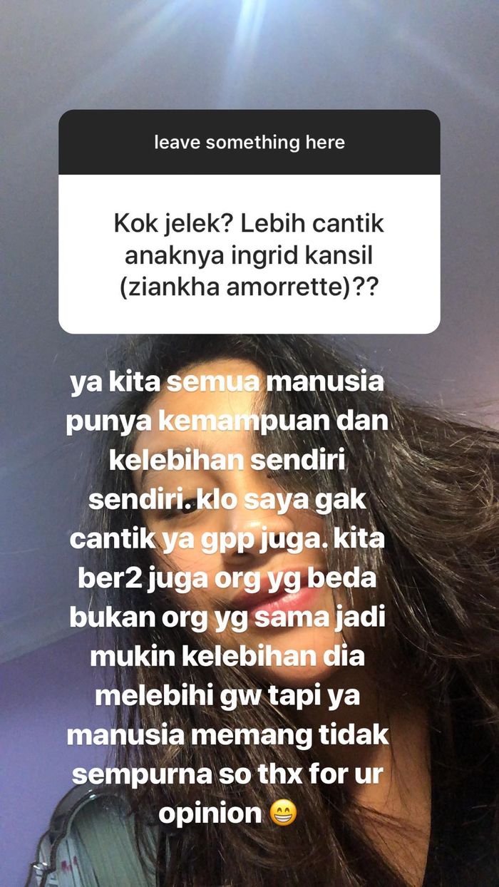 Postingan instastory anak Mayangsari saat disebut jelek oleh netizen.
