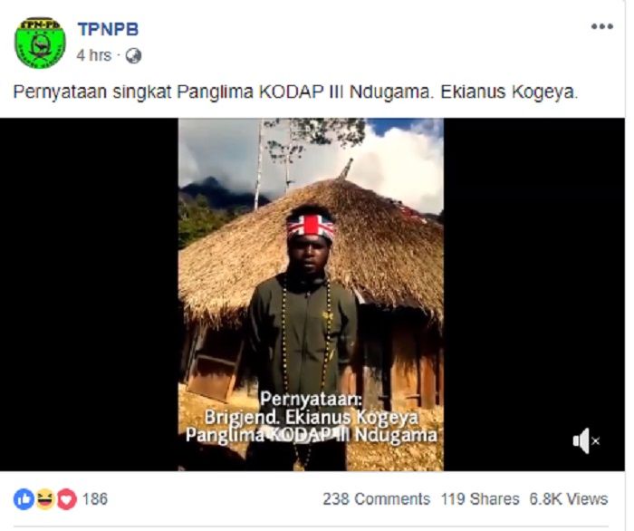 Postingan TPNPB memperlihatkan Egianus Kogeya