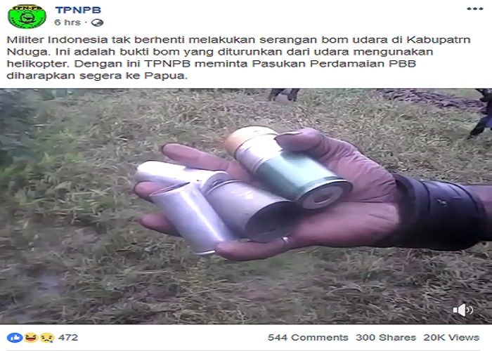 Postingan klaim TPNPB mengenai bom udara.