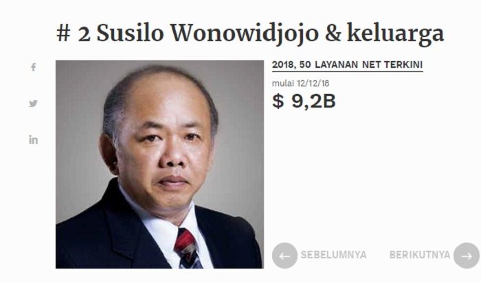 tangkap layar forbes.com
Susilo Wonowidjojo, orang terkaya di Indonesia peringkat kedua