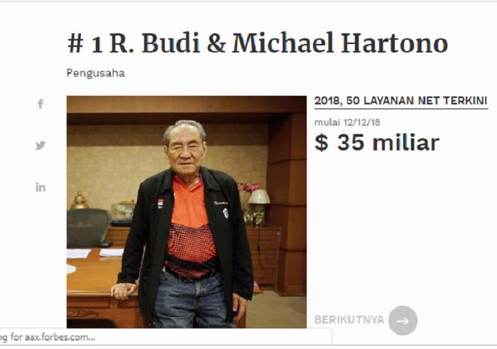 tangkap layar forbes.com
Bambang Hartono, peringkat pertama orang terkaya di Indonesia tahun 2018.