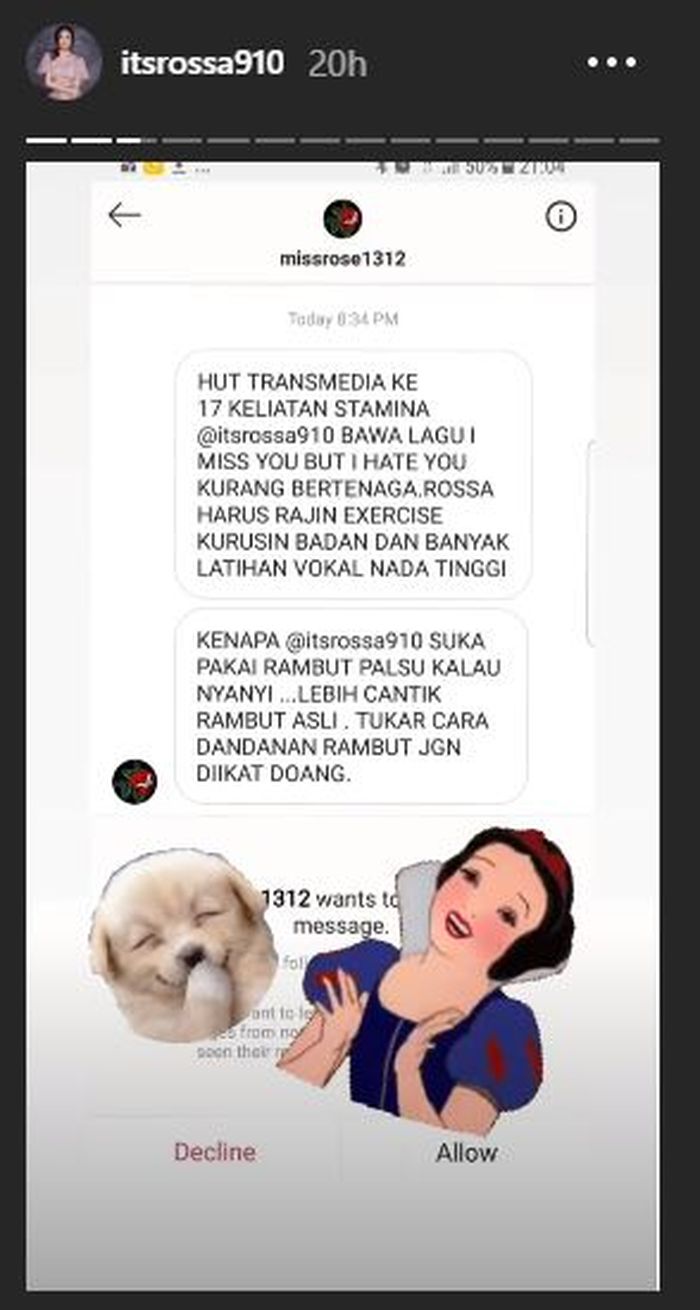Rossa mengunggah isi pesan dari seorang netizen. (Instagram/itsrossa910)