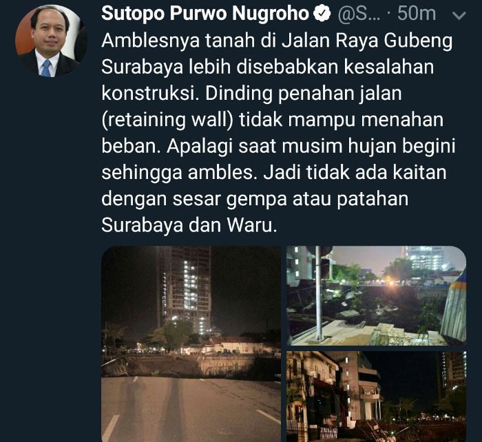 Sutopo Purwo Nugroho beri konfirmasi tentang jalan Gubeng Surabaya ambles
