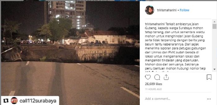 Komentar Tri Rismaharini terkait jalan Gubeng Surabaya ambles pada Rabu 19/12/2018