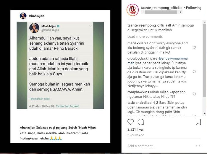 Unggahan Mbah Mijan terkait Reino Barack dan Syahrini lamaran.