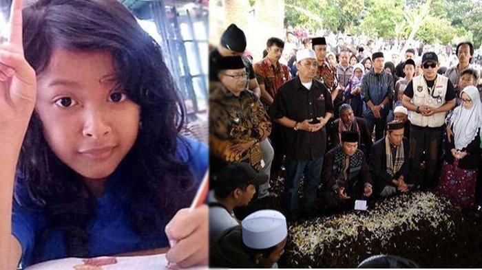 Sosok putri sulung Aa Jimmy, Radea Putri Anindyta (kiri) dan suasana Haru pemakaman Putri, sapaan akarab putri Aa Jimmy tersebut (kanan). Ia dimakamkan di samping ibu, ayah, dan adiknya di tempat pemakaman umum Sirnalaya I, Cikaret, Kecamatan Cianjur, Kamis (27/12/2018).