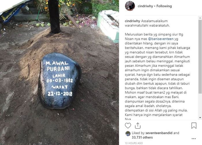 Istri Bani Seventeen, Cindri Wahyuni, buka suara perihal nisan suami yang hilang