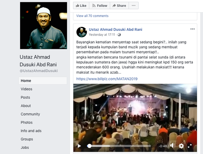 Unggahan Ustadz Ahmad Dusuki di facebook