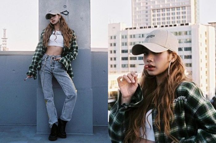 Gaya Sporty Lisa BLACKPINK : Kemeja oversize hijau