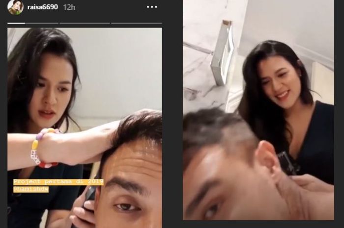 Raisa ketika mencukur rambut Hamish Daud