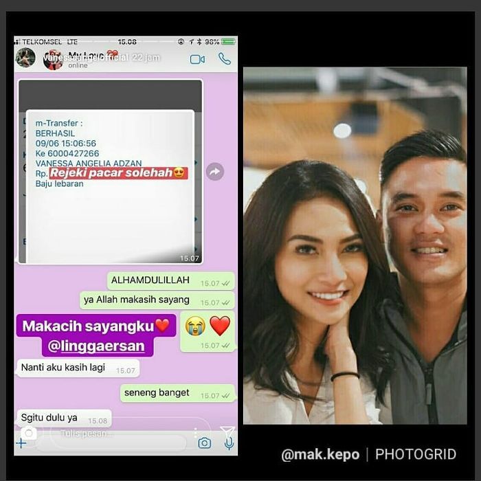 Kolase Foto bukti transfer dari Lingga Ersan dan Vanessa Angel saat bersama