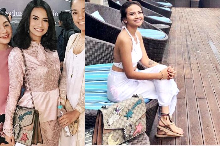 Vanessa Angel terlihat membawa tas mewah Gucci Dionysus Medium GG Supreme Sequin-Embroidered Shooting Star Bag in Beige-Multi