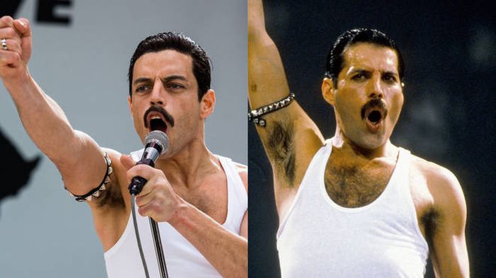 kiri: Rami Malek / kanan: Freddie Mercury asli
