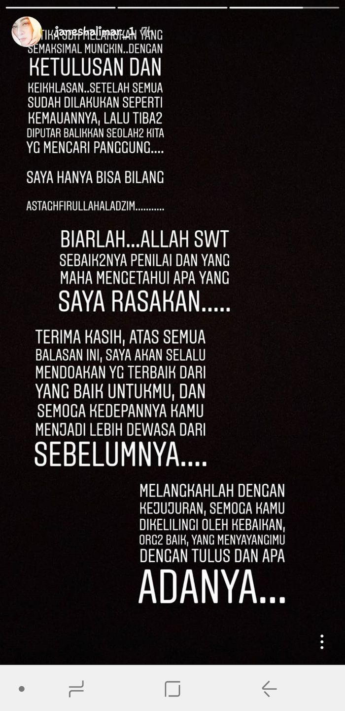 Tangkapan layar unggahan Jane Shalimar.