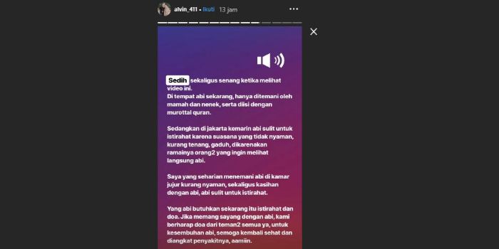 Instagram Story lanjutan milik Alvin Faiz terkait kondisi sang ayah