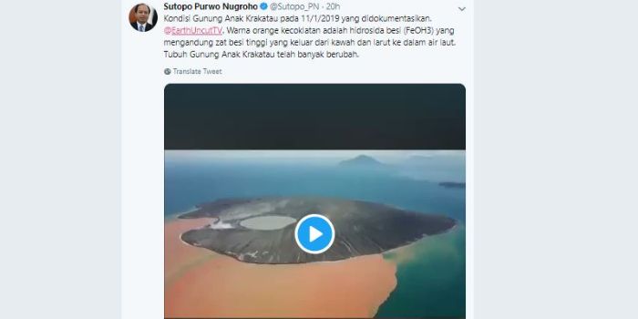 Postingan Twitter Sutopo terkait kondisi Gunung Anak Krakatau.