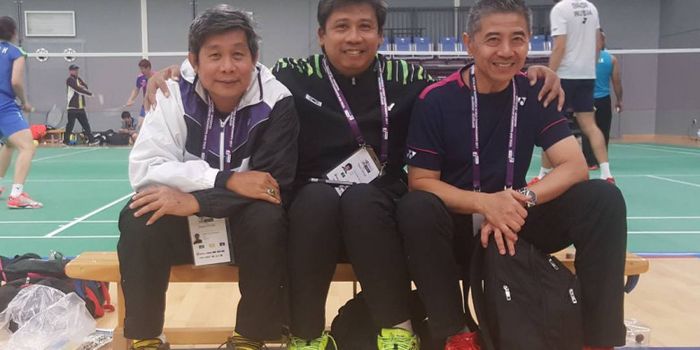 Tiga pelatih kawakan Indonesia, (dari ki-ka) Herry IP, Agus Dwi Santoso, dan Mulyo Handoyo, saat ber