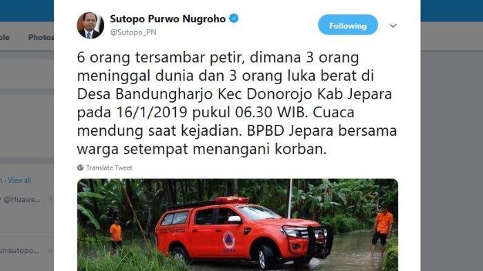 Capture Twitter @Sutopo_PN, Rabu (16/1/2019)