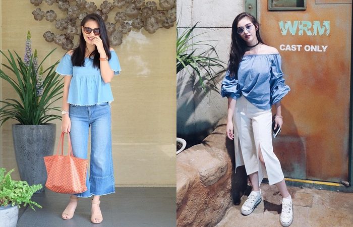 Tunangan VS Mantan, Adu Gaya Irish Bella dan Ranty Maria dengan Baju Off Shoulder yang Stylish - Off Shoulder Biru