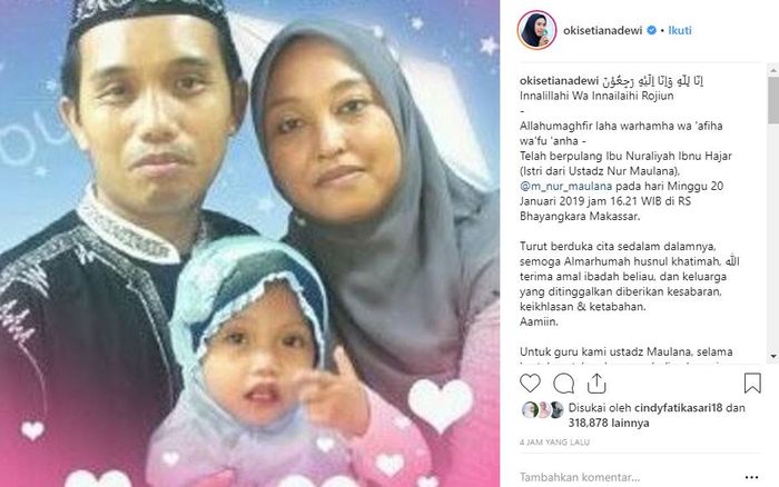 Postingan Oki Setiana Dewi saat memberikan kabar duka istri Ustaz Maulana meninggal dunia