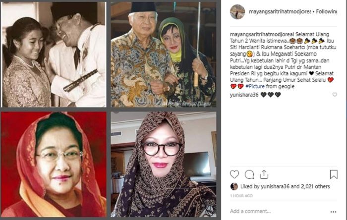 Unggahan Mayangsari di Instagramnya saat mengucapkan ulang tahun pada putri dari proklamator Indonesia.