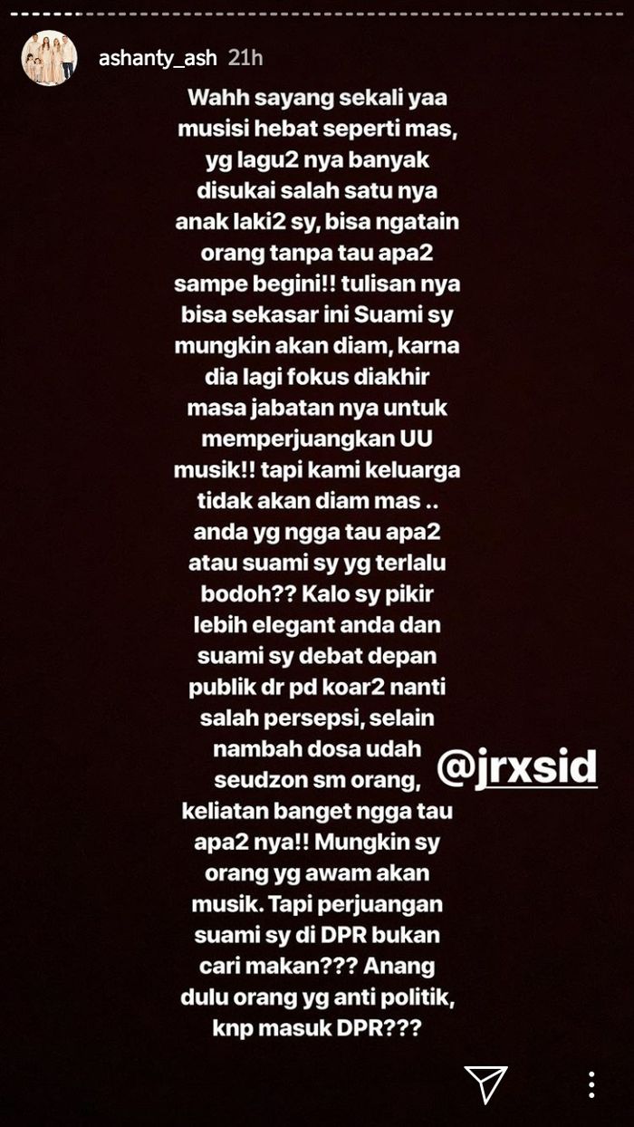 Luapan kekesalan Ashanty terkait Jerinx SID yang cecar Anang Hermansyah gara-gara RUU Permusikan.