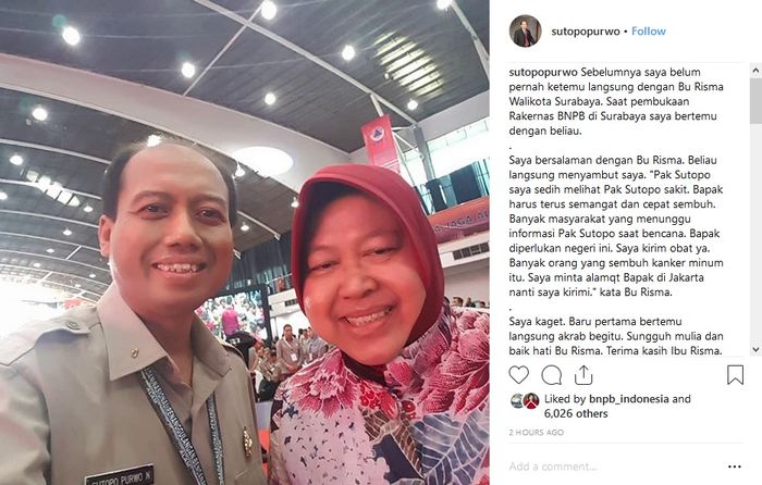 Unggahan Sutopo Purwo saat bertemu dengan Risma