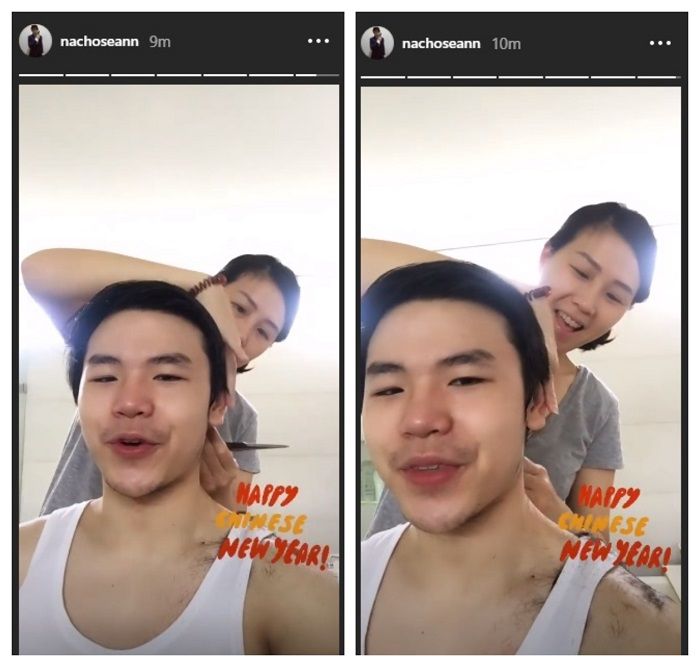 Veronica Tan memotong rambut Nicholas Sean.